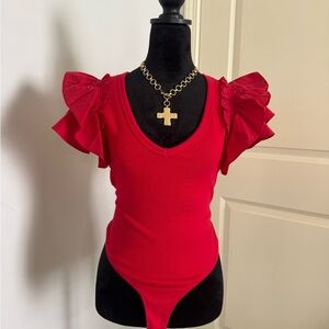 Uga game day Red Ruffled Flutter Sleeve Bodysuit